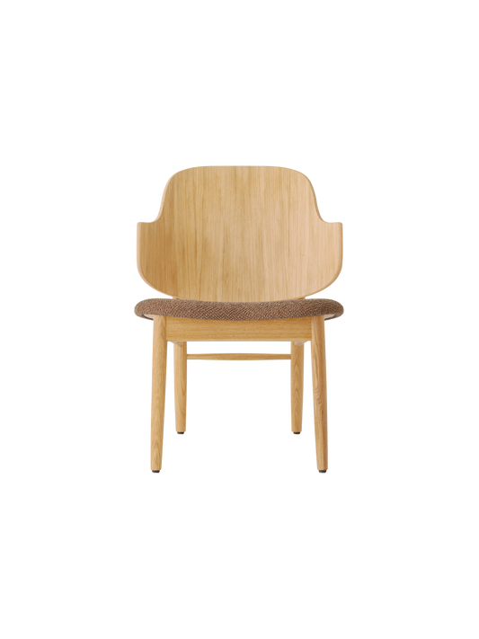 The Penguin Wooden Lounge Chair in natural oak with a textured brown upholstered seat, shown from the front.