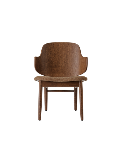 The Penguin Wooden Lounge Chair in red stained oak with a textured brown upholstered seat, shown from a front angle.
