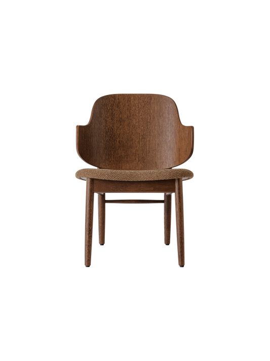 The Penguin Wooden Lounge Chair in red stained oak with a textured brown upholstered seat, shown from a front angle.