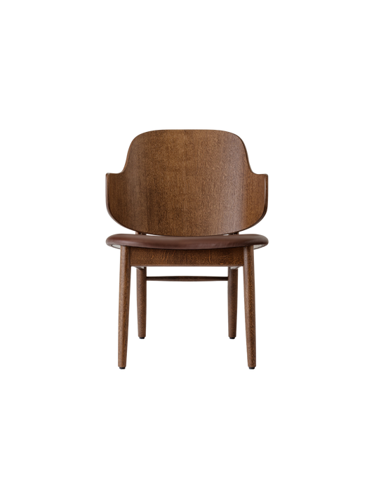 The Penguin Wooden Lounge Chair in red-stained oak with a dark brown upholstered seat, against a white background.
