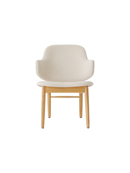 The Penguin Wooden Lounge Chair in natural oak with light beige Logan Fossil upholstery, viewed from the front.