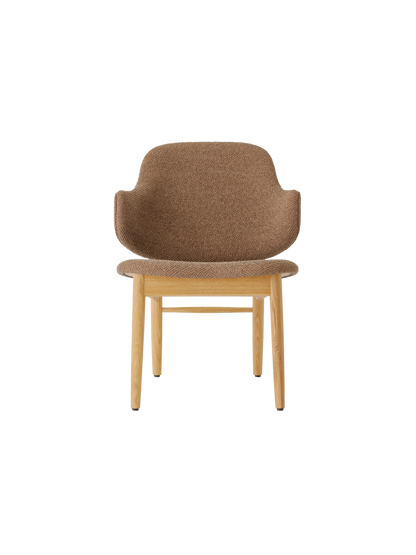 Natural oak Penguin Wooden Lounge Chair with brown Logan fabric upholstery, viewed from the front on a white background.