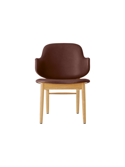 The Penguin Wooden Lounge Chair in natural oak features a dark brown upholstered seat and curved backrest.
