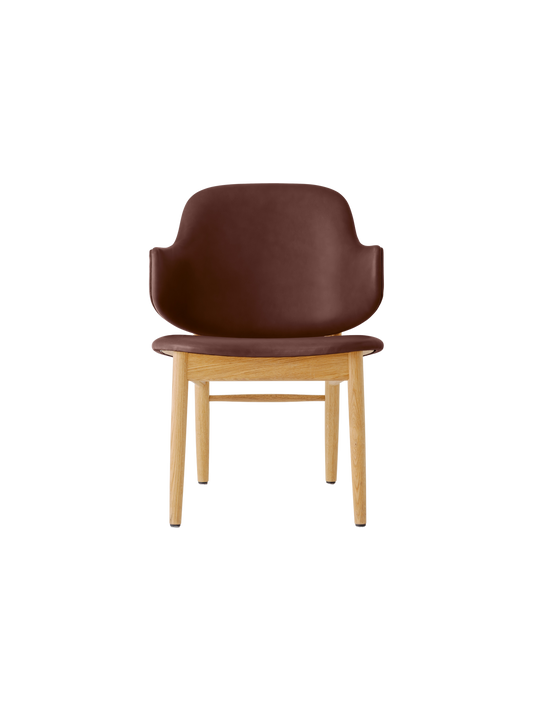 The Penguin Wooden Lounge Chair in natural oak features a dark brown upholstered seat and curved backrest.