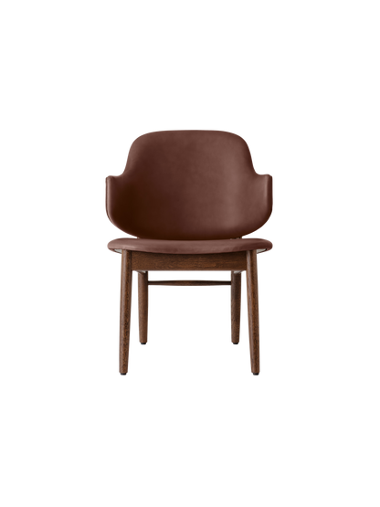 Penguin Wooden Lounge Chair in red-stained oak with brown upholstery, presented in a clean front-facing view.