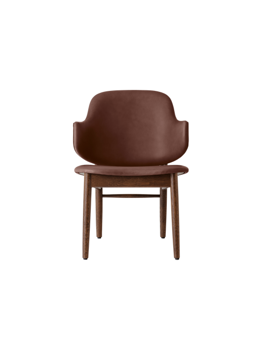 Penguin Wooden Lounge Chair in red-stained oak with brown upholstery, presented in a clean front-facing view.