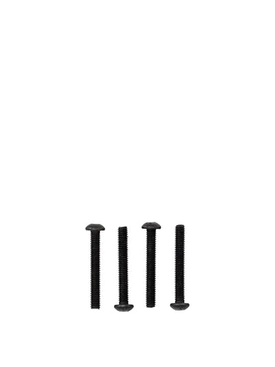 A photograph of four black metal screws with coarse threads and rounded heads, standing upright against a white background.