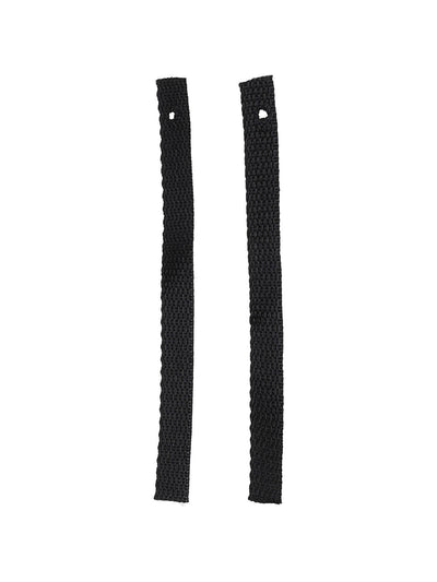 Two vertical black woven straps, each with a small hole at the top, shown against a white background.