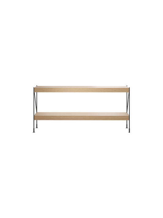 Back view of the Zet Storage System, a two-tiered shelving unit with natural oak shelves and a slim black steel frame.