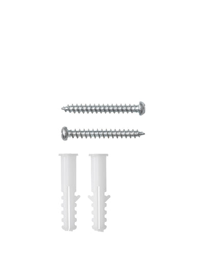 A pair of silver screws and two white plastic wall plugs arranged horizontally against a plain white background.