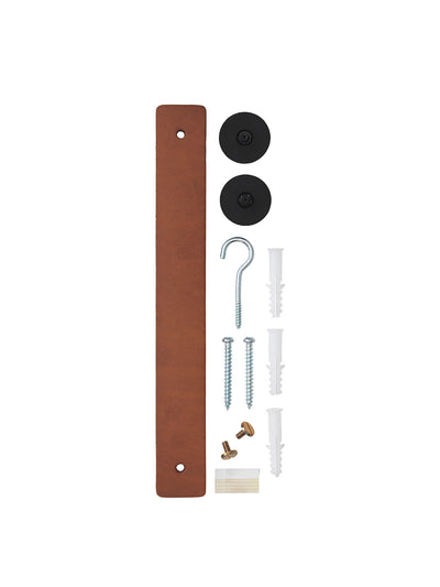 Mounting hardware kit with a brown leather strap, two black circular plates, a screw hook, screws, and white wall plugs.