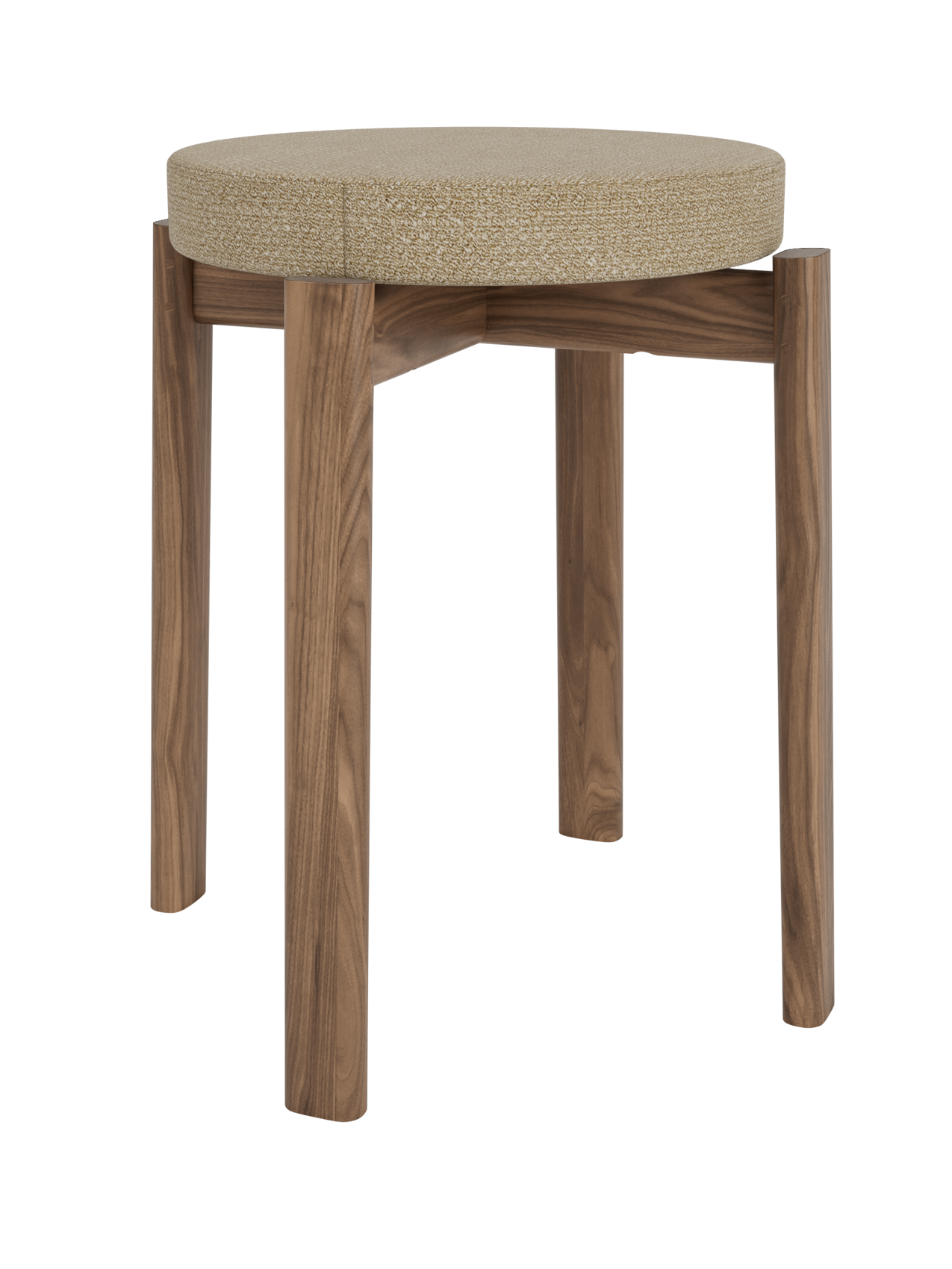 Upholstered Passage Stool in solid walnut with a textured Audo Bouclé 02 seat, isolated on a white background.