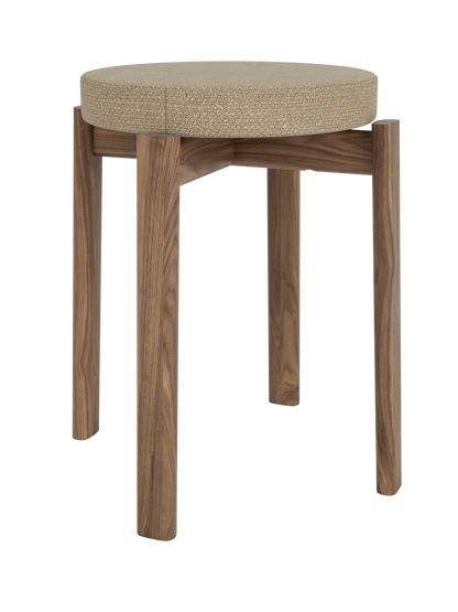 Upholstered Passage Stool in solid walnut with a textured Audo Bouclé 02 seat, isolated on a white background.