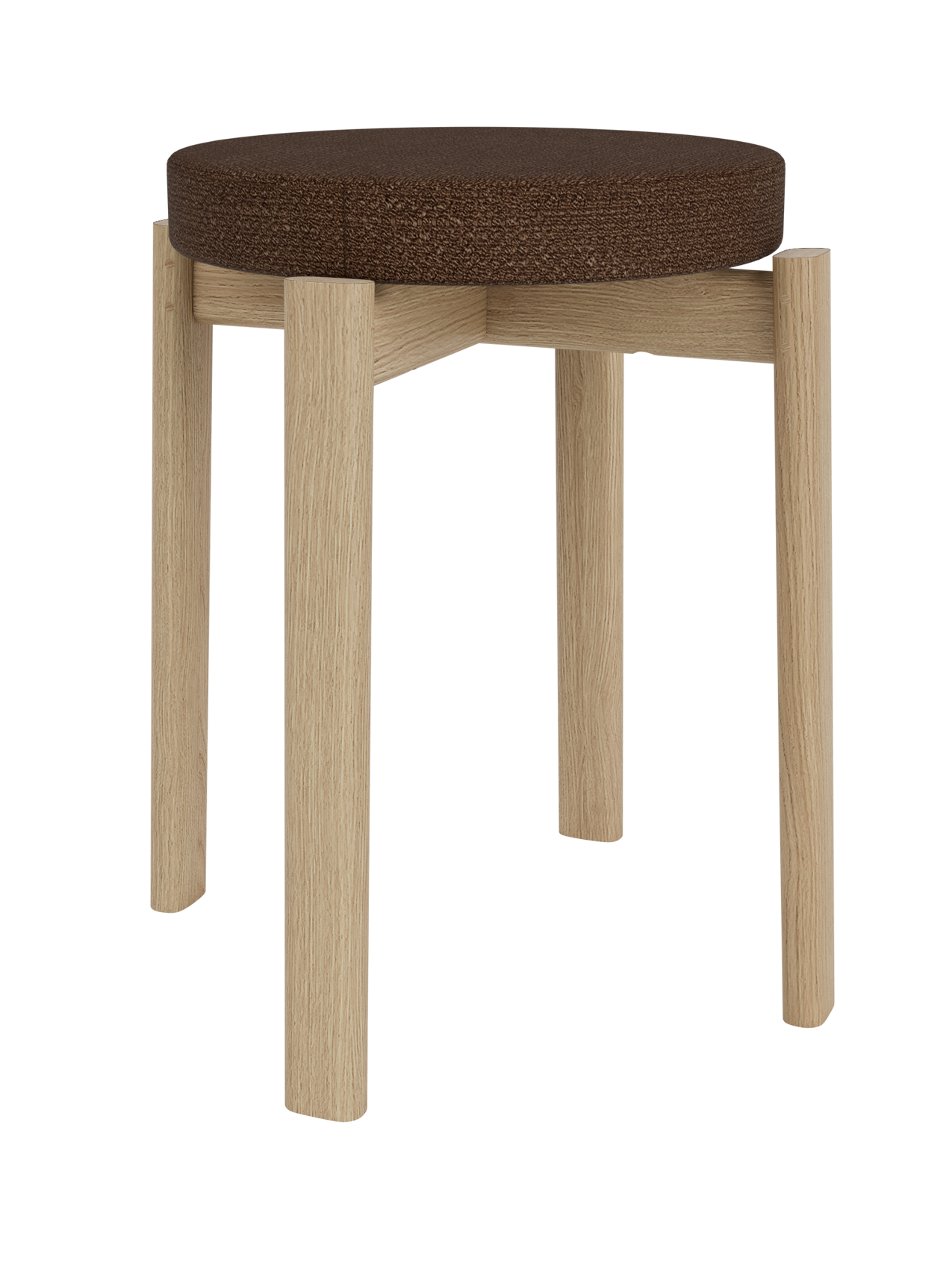 Passage Stool in natural oak featuring a round, textured brown Audo Bouclé upholstered seat on a white background.