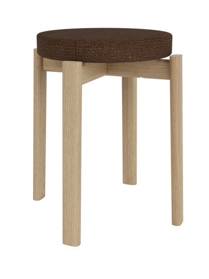 Passage Stool in natural oak featuring a round, textured brown Audo Bouclé upholstered seat on a white background.