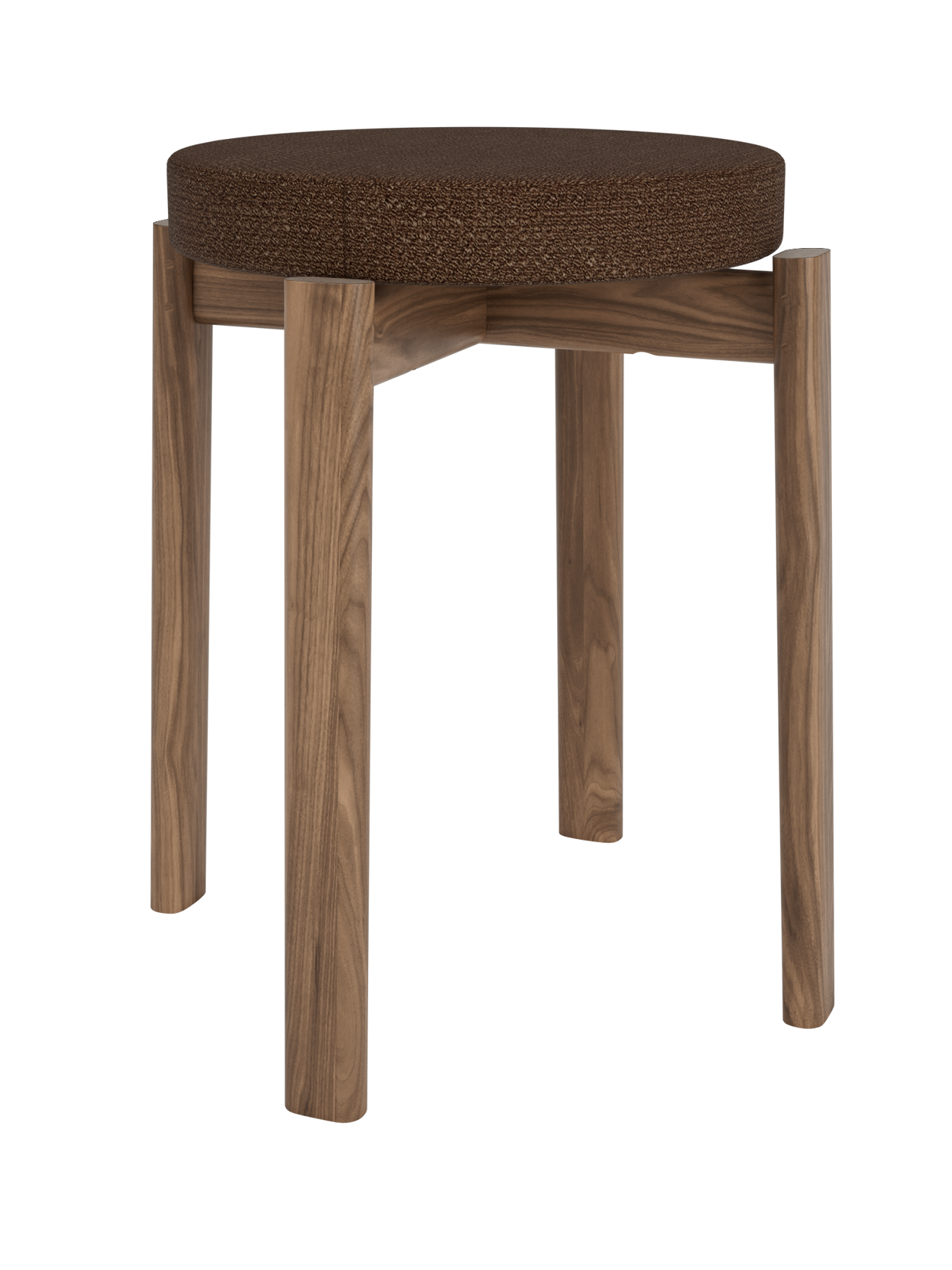 Solid walnut Passage Stool, Upholstered with a textured brown Audo Bouclé 07 fabric seat on a white background.