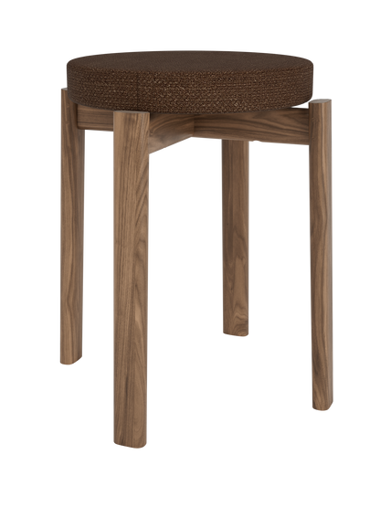Solid walnut Passage Stool, Upholstered with a textured brown Audo Bouclé 07 fabric seat on a white background.