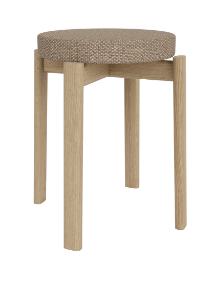 Upholstered Passage Stool in natural oak featuring a round seat in textured Logan Flint fabric.