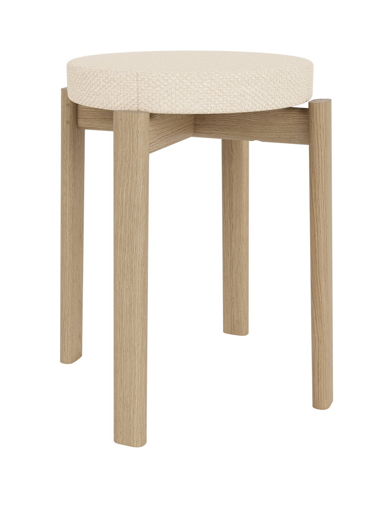 Upholstered Passage Stool in natural oak featuring a textured Logan Jasmine fabric seat, shown from an angled view.