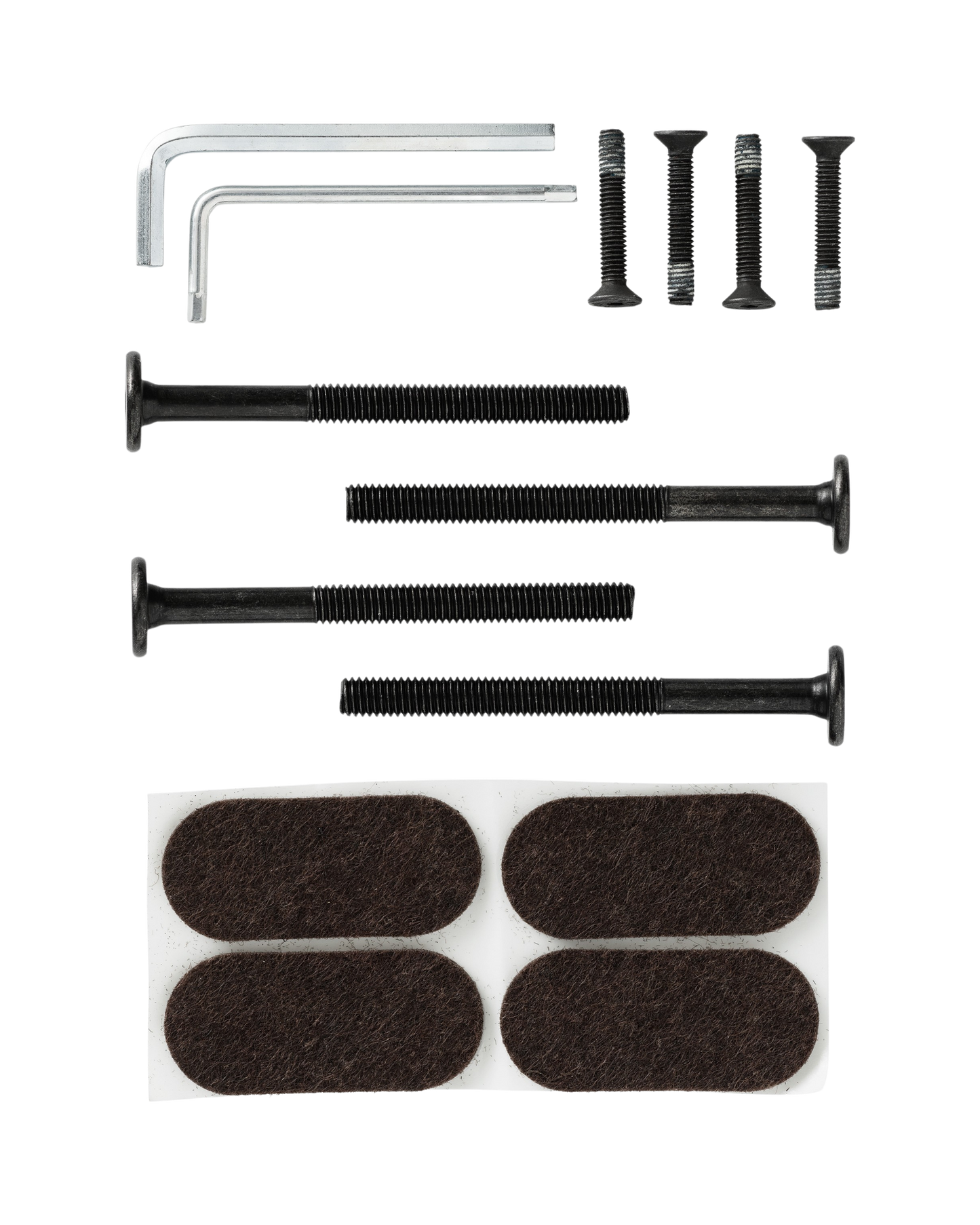 Passage Screw for Stools set featuring black metal bolts, screws, Allen keys and dark brown felt protectors.