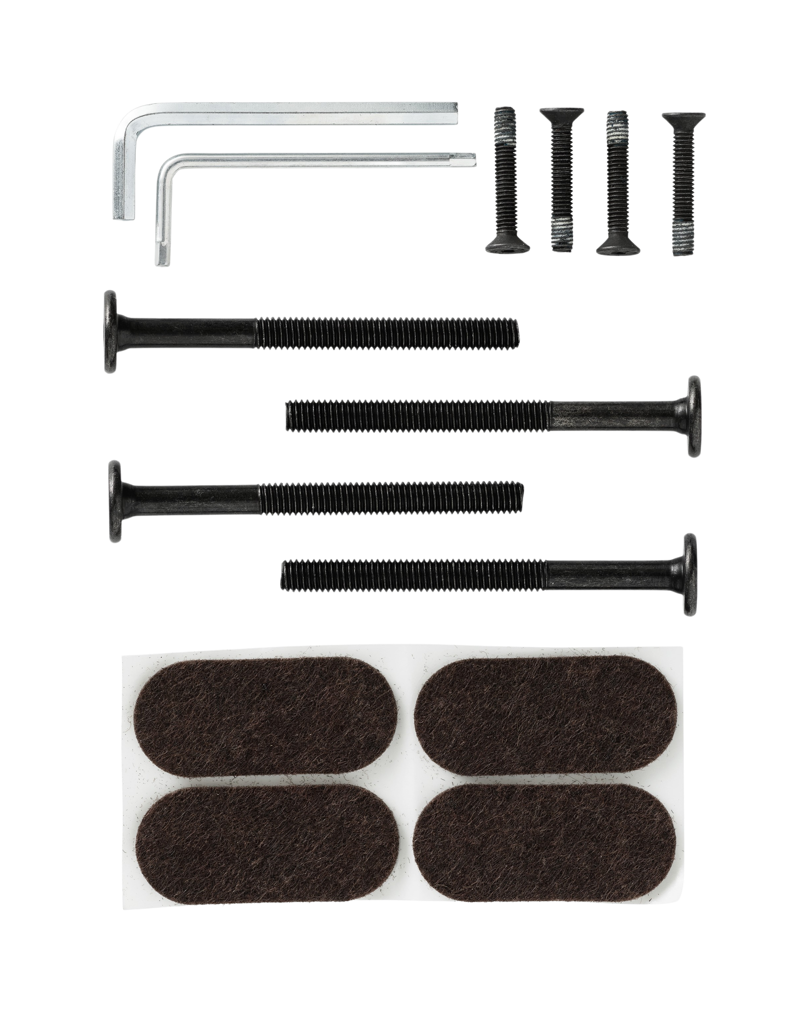 Passage Screw for Stools set featuring black metal bolts, screws, Allen keys and dark brown felt protectors.