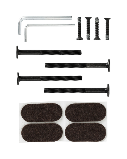 Passage Screw for Stools set featuring black metal bolts, screws, Allen keys and dark brown felt protectors.
