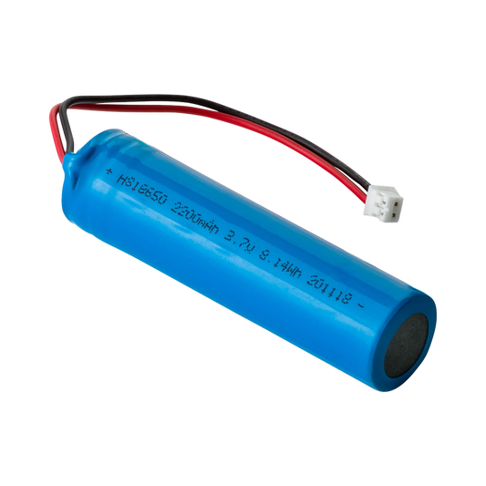 Blue Column/Torso/JWDA Portable Battery Pk. with connected red and black wires and white plug against a black background.