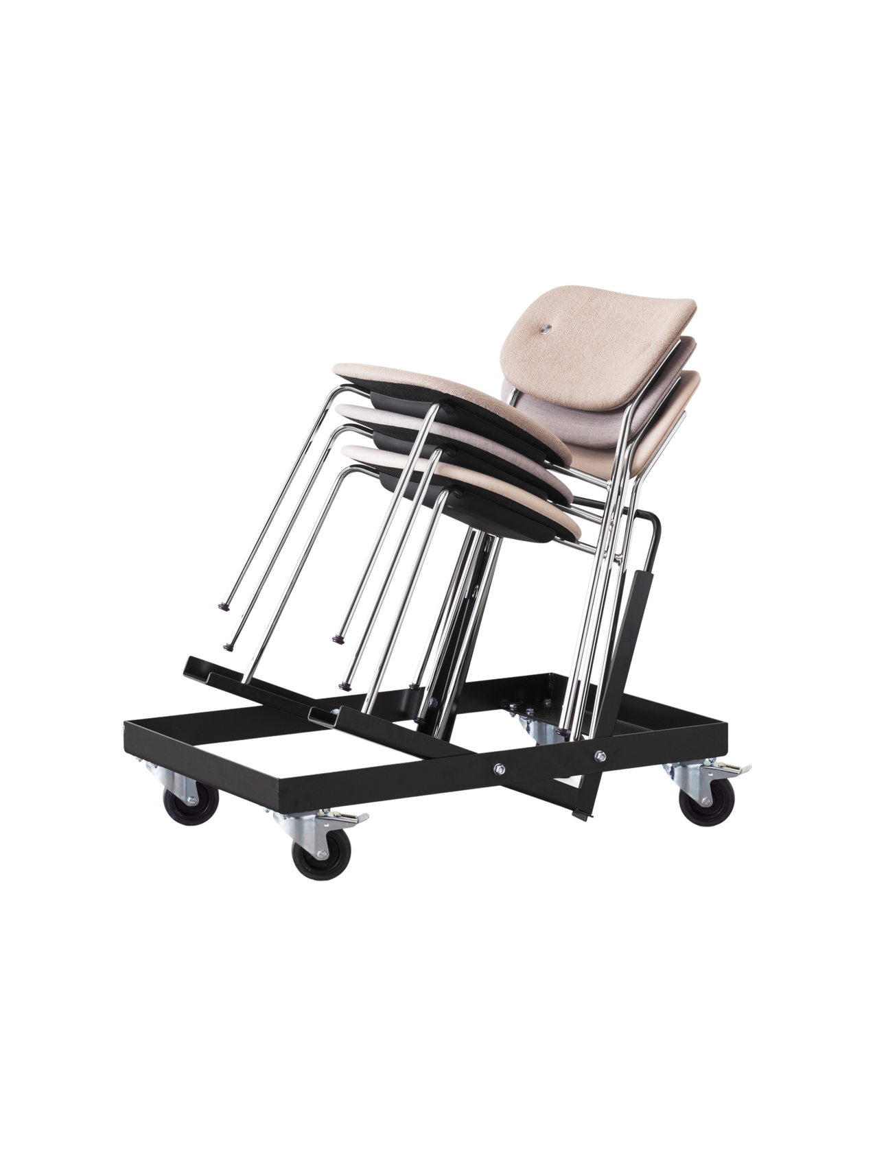 A black metal chair trolley on wheels, holding a stack of five chairs with chrome legs and light beige upholstered backrests.