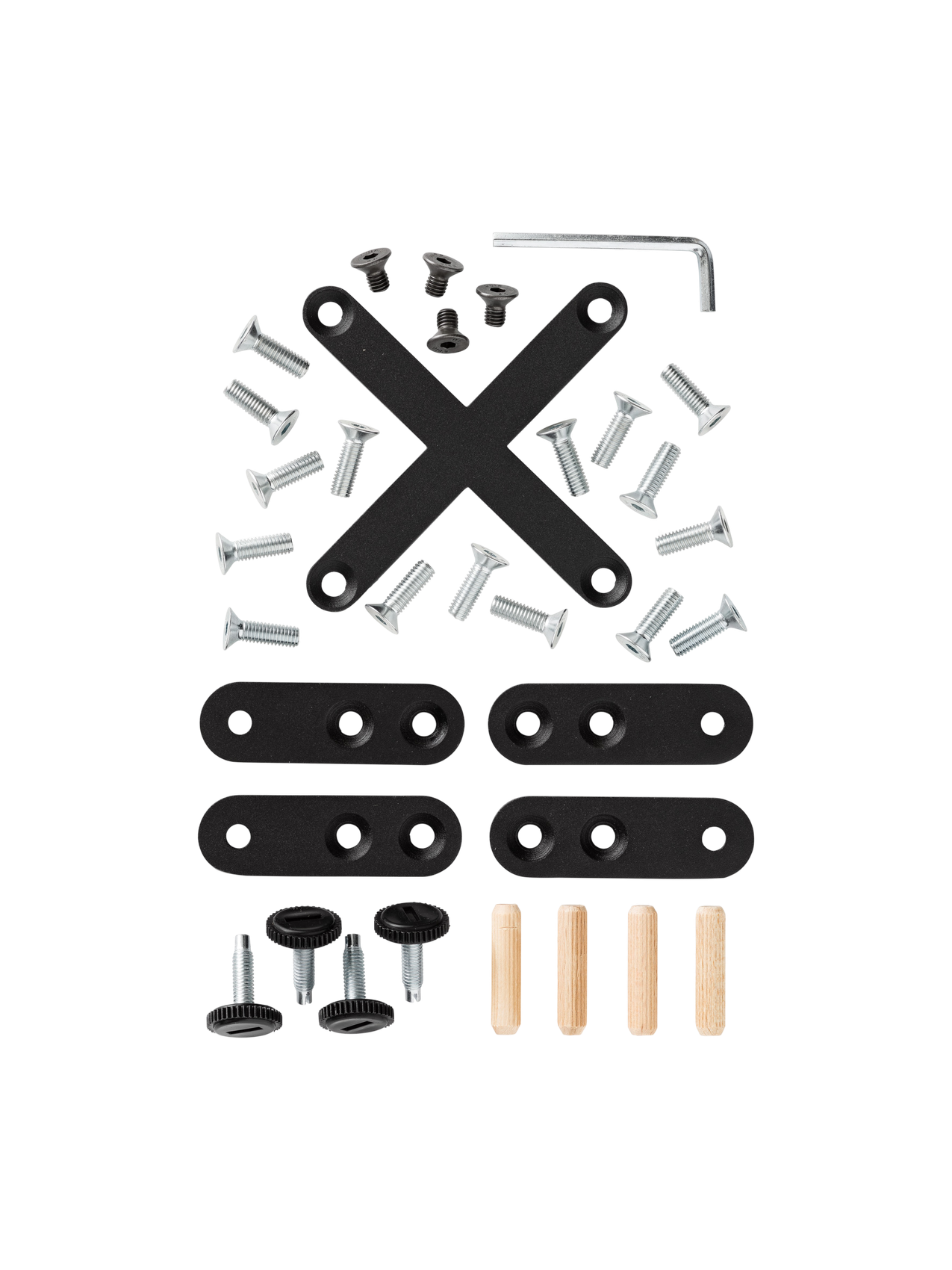 Circular Androgyne Dining Mount Kit featuring black metal brackets, silver screws, wooden dowels and an Allen key.