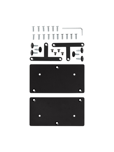 Black metal plates, brackets and silver screws for the Mount Kit for Androgyne Lounge, arranged on a white background.