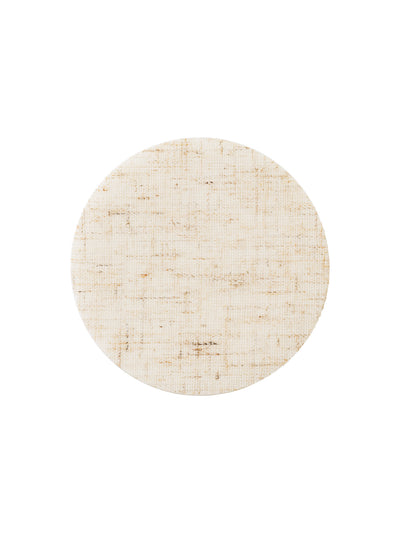 A close-up, top-down view of a round swatch of textured, natural woven fabric in off-white and beige.