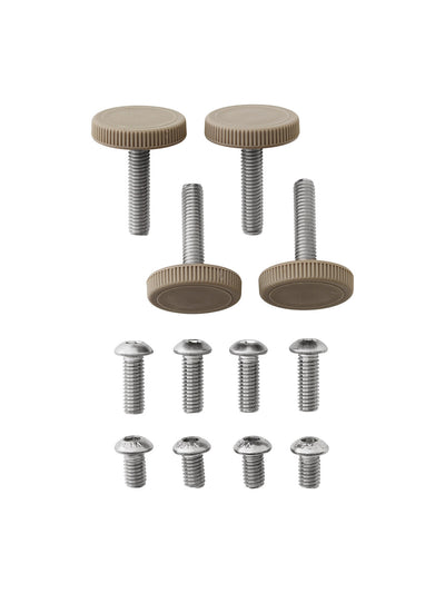 A set of four adjustable furniture glides with beige ribbed caps and eight silver-toned screws of two different sizes.