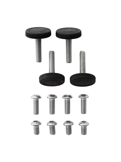 An assortment of hardware: four thumb screws with large black knurled heads, and eight smaller silver-coloured metal screws.
