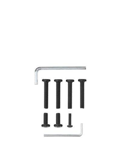 Assembly hardware kit on a white background. Includes seven black screws in three sizes and two different-sized Allen keys.