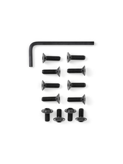 An assembly kit with a black Allen key, 8 black countersunk screws, and 4 black button head screws on a white background.