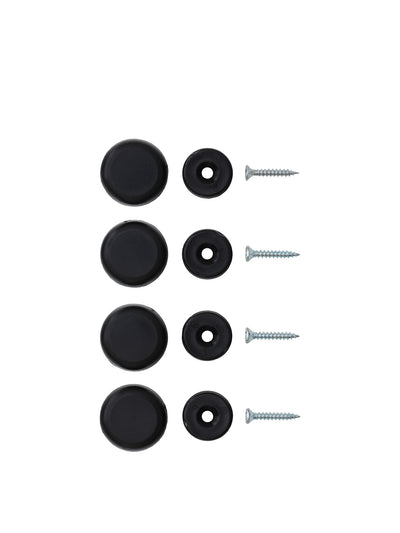 Rowed set of black rubber furniture feet and matching black plastic screw cups with silver screws on white background