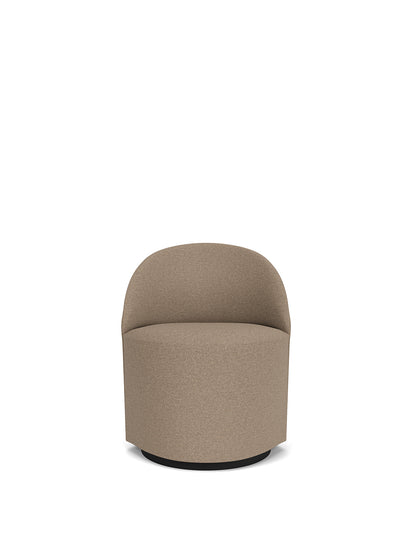 Front view of the Tearoom Club Chair, Swivel w/ Return, upholstered in a light brown textured fabric on a black swivel base.