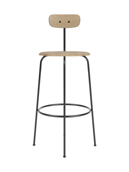 Front view of the Afteroom Bar Chair, Veneer in natural oak with a black powder-coated steel frame, on a black background.