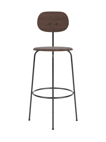 Front view of the Afteroom Bar Chair Plus, Veneer, with a dark stained oak seat and backrest on a slender black frame.