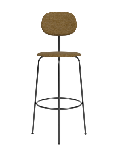 Front view of the Afteroom Bar Chair Plus, fully upholstered in a brown textured fabric with a slender black metal frame.