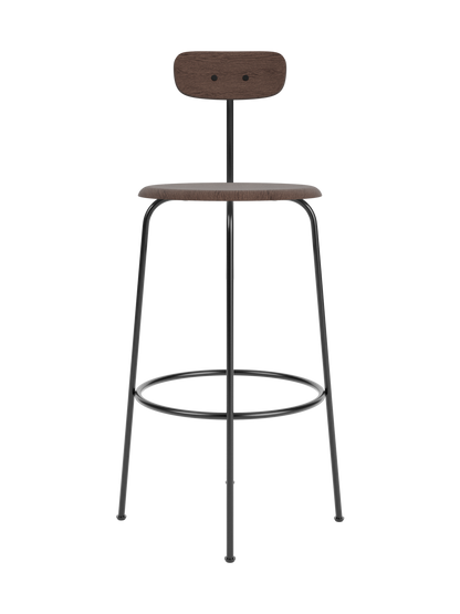 A front view of the Afteroom Bar Chair, Veneer, in dark stained oak with a slim, black powder-coated steel frame.