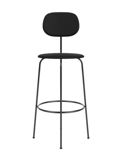 The black Afteroom Bar Chair Plus, Fully Upholstered, front view. It has a slim metal frame, round seat, and oval back.