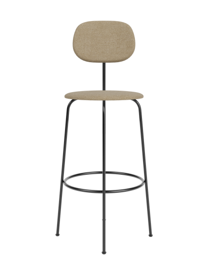 Front view of the Afteroom Bar Chair Plus, Fully Upholstered, with beige upholstered seat and back on a black metal frame.