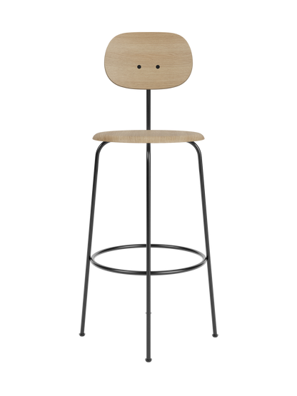 The Afteroom Bar Chair Plus, Veneer in Natural Oak with a light wood seat and backrest on a slender black frame.
