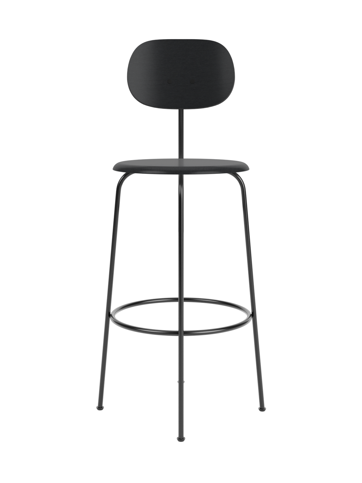 A black Afteroom Bar Chair Plus, Veneer, viewed from the front, with a thin metal frame and a wooden seat.