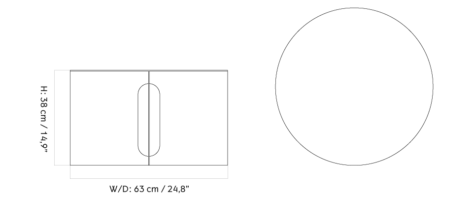 Technical line drawing of a rectangular table top with centered oval cutout and measurements; separate circle showing top