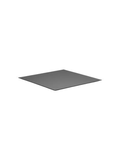 The Base for Kubus 8 in black, a thin square metal plate shown at an angle against a solid black background.