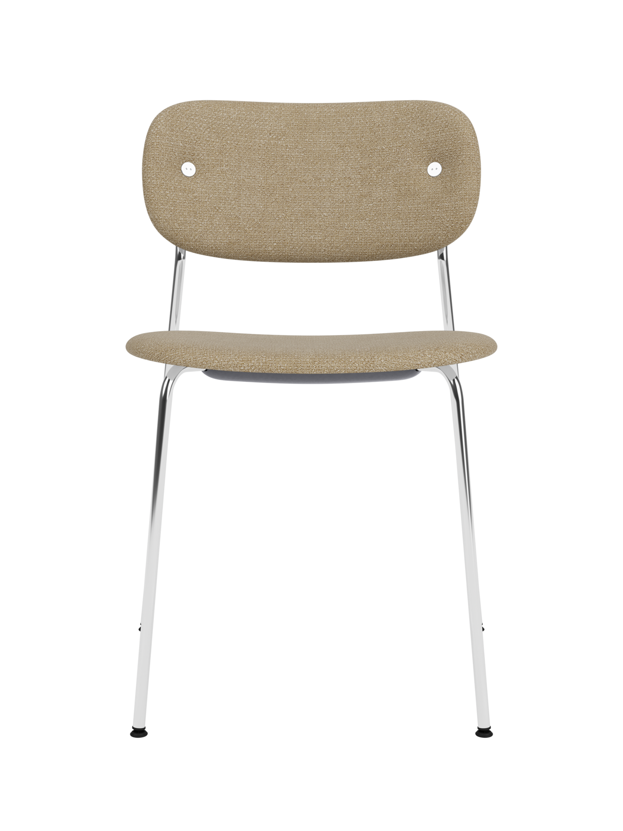 Fully upholstered Co Dining Chair in beige Audo Bouclé 02 fabric with a sleek polished chrome frame.