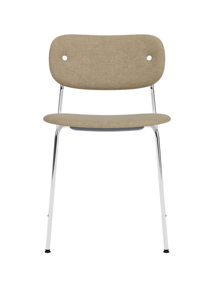 Fully upholstered Co Dining Chair in beige Audo Bouclé 02 fabric with a sleek polished chrome frame.