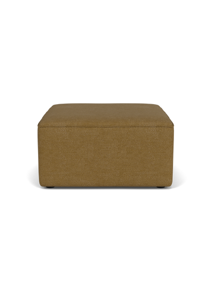 A front-on view of the Eave Modular Pouf, 75, a square ottoman upholstered in a textured, mustard-yellow bouclé fabric.